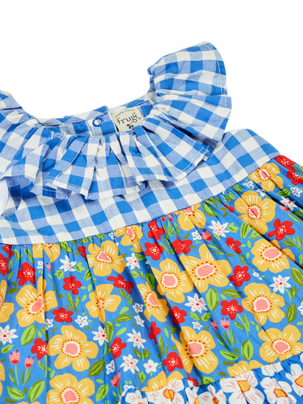 Frugi Baby Nina Cotton Floral Check Dress & Bloomers Set, Picnic Posy/Gingham - view 2, Picnic Posy/Gingham