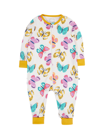 Frugi Kids' Zelah Zipped All-In-One Bodysuit, White Flutterby, White Flutterby