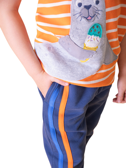 Frugi Kids' Alden Cotton Stripe Joggers, Navy Blue - view 2, Navy Blue