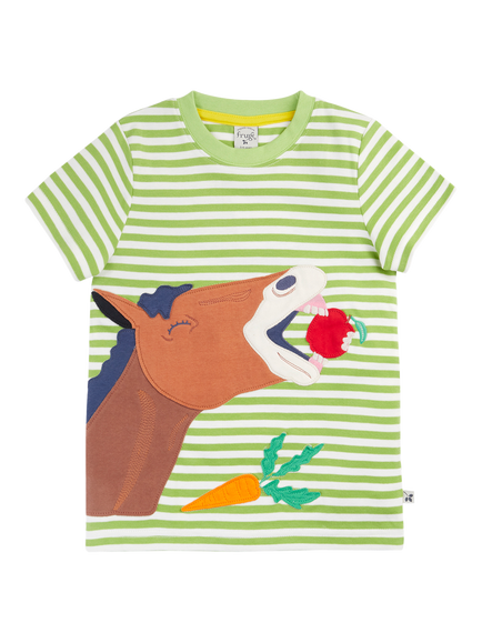 Frugi Kids' Sid Cotton Applique Stripe T-Shirt, Lime Stripe/Horse, Lime Stripe/Horse