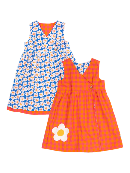 Frugi Kids' Rhea Cotton Floral Check Reversible Wrap Dress, Sparkchck/Daisychain, Sparkchck/Daisychain