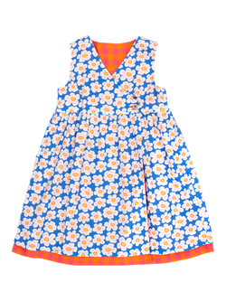 Frugi Kids' Rhea Cotton Floral Check Reversible Wrap Dress, Sparkchck/Daisychain - view 2, Sparkchck/Daisychain