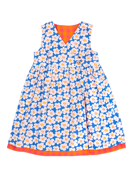 Frugi Kids' Rhea Cotton Floral Check Reversible Wrap Dress, Sparkchck/Daisychain - view 2, Sparkchck/Daisychain