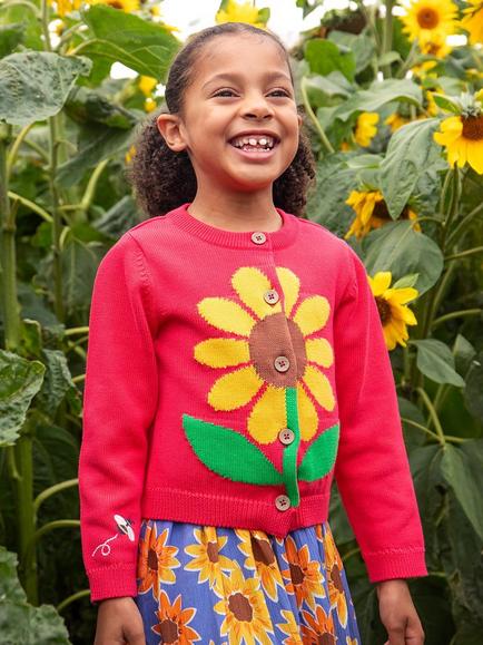 Frugi Kids' Ella Sunflower Cardigan, Rhubarb/Sunflower - view 2, Rhubarb/Sunflower