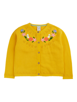 Frugi Kids' Juniper Embroidered Pointelle Cardigan, Bumblebee/Flowers, Bumblebee/Flowers