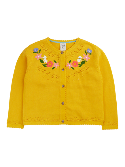 Frugi Kids' Juniper Embroidered Pointelle Cardigan, Bumblebee/Flowers, Bumblebee/Flowers