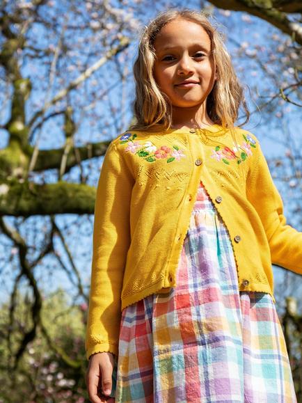 Frugi Kids' Juniper Embroidered Pointelle Cardigan, Bumblebee/Flowers - view 2, Bumblebee/Flowers