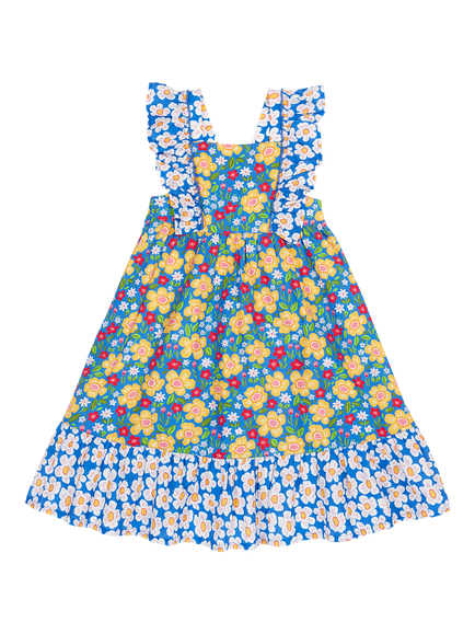 Frugi Kids' Audrey Tiered Dress, Blue, Blue