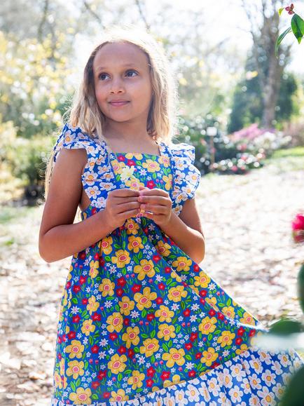 Frugi Kids' Audrey Tiered Dress, Blue - view 2, Blue