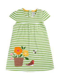 Frugi Kids' Little Layla Applique Striped Dress, Lime Stripe/Garden, Lime Stripe/Garden