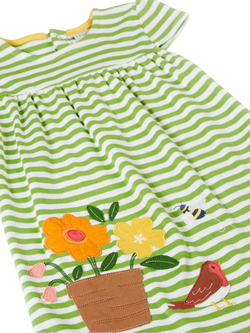 Frugi Kids' Little Layla Applique Striped Dress, Lime Stripe/Garden - view 2, Lime Stripe/Garden