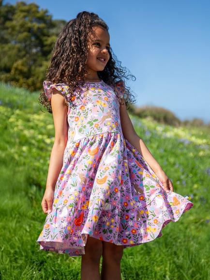 Frugi Kids' Olivia Floral Skater Dress, Lupin Meadow Play - view 2, Lupin Meadow Play