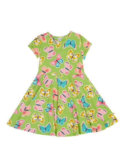 Frugi Kids' Spring Short Sleeve Skater Dress, Lime Flutterby, Lime Flutterby