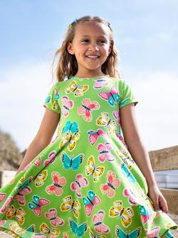 Frugi Kids' Spring Short Sleeve Skater Dress, Lime Flutterby - view 2, Lime Flutterby