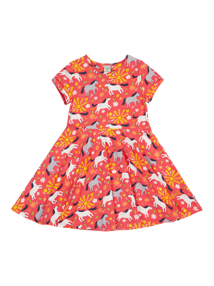 Frugi Kids' Spring Short Sleeve Skater Dress, Sunshine Ponies, Sunshine Ponies