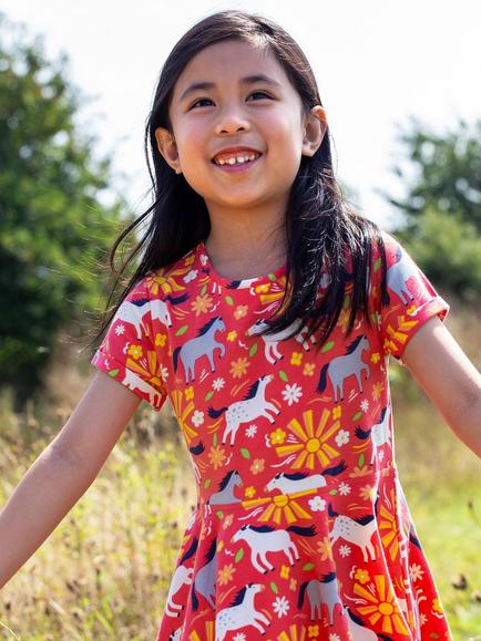 Frugi Kids' Spring Short Sleeve Skater Dress, Sunshine Ponies - view 2, Sunshine Ponies