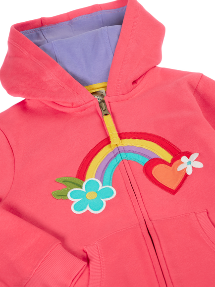 Frugi Kids' Carbis Zipped Applique Hoodie, Rhubarb/Rainbow - view 2, Rhubarb/Rainbow