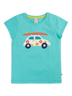 Frugi Kids' Elise Cotton Applique T-Shirt, Pacific Aqua/Car, Pacific Aqua/Car