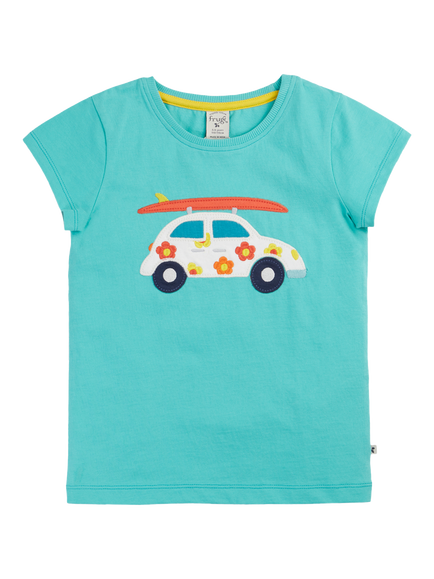 Frugi Kids' Elise Cotton Applique T-Shirt, Pacific Aqua/Car, Pacific Aqua/Car