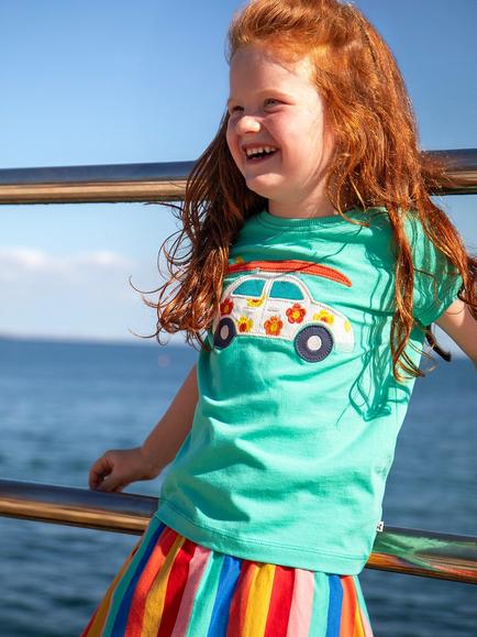 Frugi Kids' Elise Cotton Applique T-Shirt, Pacific Aqua/Car - view 2, Pacific Aqua/Car