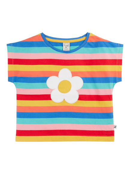 Frugi Kids' Fiona Cotton Applique Stripe T-Shirt, Rainbowstripe/Flower, Rainbowstripe/Flower