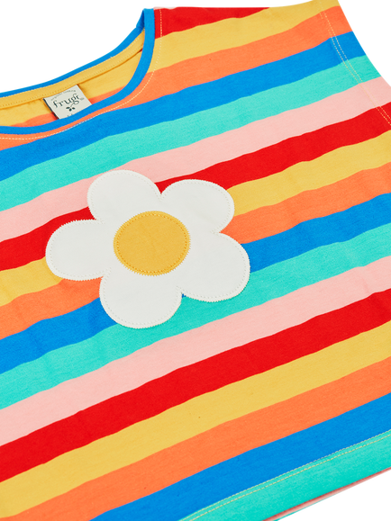 Frugi Kids' Fiona Cotton Applique Stripe T-Shirt, Rainbowstripe/Flower - view 2, Rainbowstripe/Flower