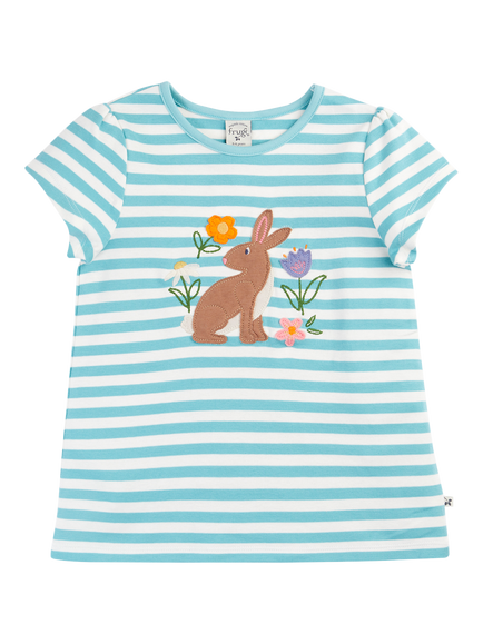 Frugi Kids' Lindsey Cotton Applique Stripe T-Shirt, Lichen Stripe/Rabbit, Lichen Stripe/Rabbit