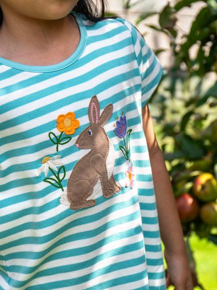Frugi Kids' Lindsey Cotton Applique Stripe T-Shirt, Lichen Stripe/Rabbit - view 2, Lichen Stripe/Rabbit