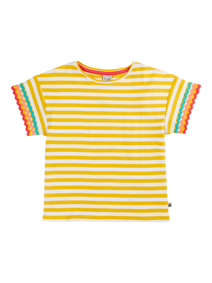 Frugi Kids' Thea Short Sleeve Ric-Rac T-Shirt, Bumblebeestr/Rainbow, Bumblebeestr/Rainbow