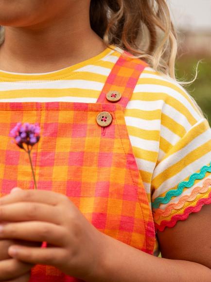 Frugi Kids' Saskia Short Dungarees, Spark Check/Flowers - view 2, Spark Check/Flowers