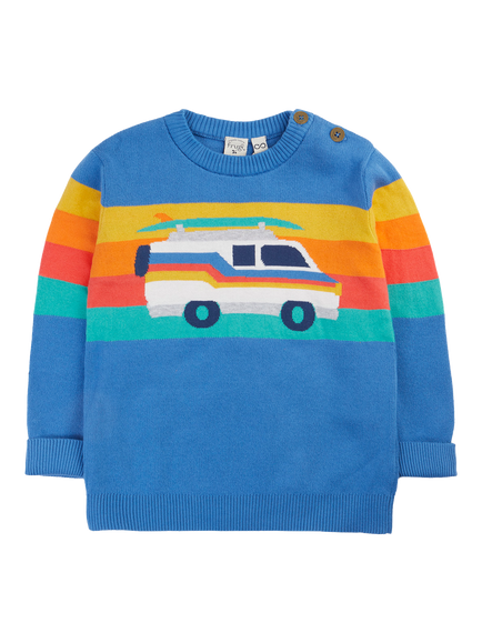 Frugi Kids' Elwood Cotton Knit Stripe Knit Jumper, Cobalt/Campervan, Cobalt/Campervan