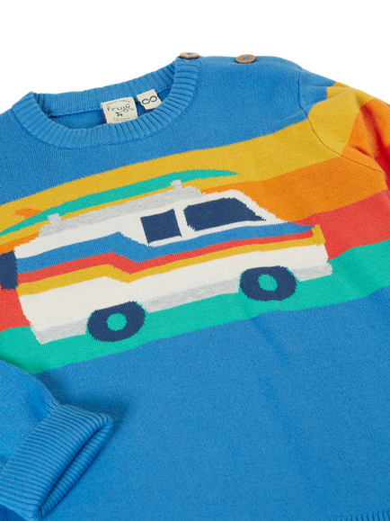 Frugi Kids' Elwood Cotton Knit Stripe Knit Jumper, Cobalt/Campervan - view 2, Cobalt/Campervan