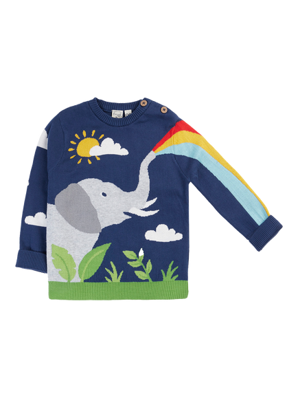 Frugi Kids' Elwood Cotton Knit Elephant Jumper, Navy Blue/Elephant, Navy Blue/Elephant