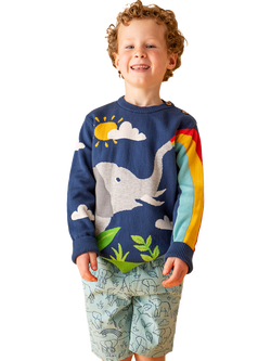 Frugi Kids' Elwood Cotton Knit Elephant Jumper, Navy Blue/Elephant - view 2, Navy Blue/Elephant