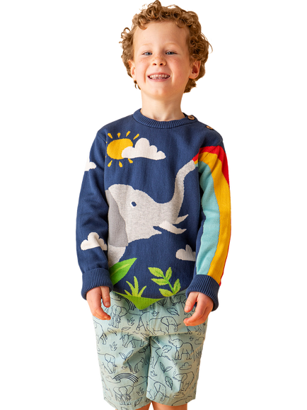 Frugi Kids' Elwood Cotton Knit Elephant Jumper, Navy Blue/Elephant - view 2, Navy Blue/Elephant