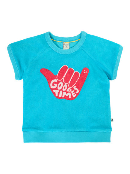 Frugi Kids' Short Sleeve Towelling Sweatshirt, Tropical Sea/Good, Tropical Sea/Good