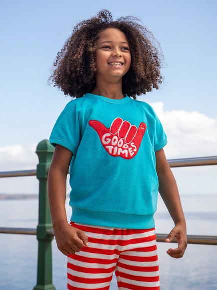 Frugi Kids' Short Sleeve Towelling Sweatshirt, Tropical Sea/Good - view 2, Tropical Sea/Good