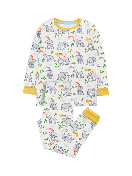 Frugi Kids' Sundown Long Sleeve Pyjama Set, Elephant Plains, Elephant Plains