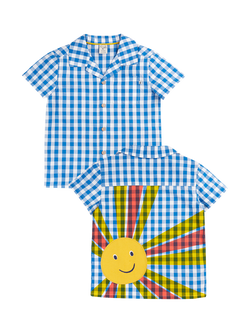 Frugi Kids' Noah Cotton Sun Check Shirt, Cobalt Gingham/Sun, Cobalt Gingham/Sun