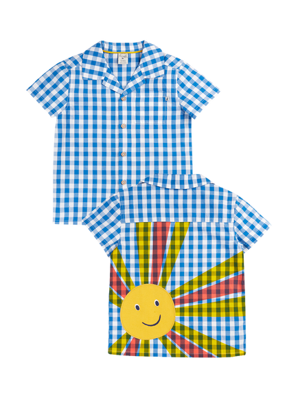 Frugi Kids' Noah Cotton Sun Check Shirt, Cobalt Gingham/Sun, Cobalt Gingham/Sun
