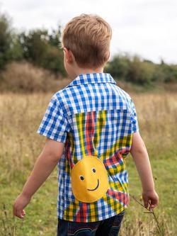 Frugi Kids' Noah Cotton Sun Check Shirt, Cobalt Gingham/Sun - view 2, Cobalt Gingham/Sun