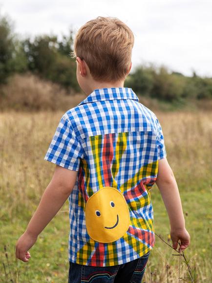 Frugi Kids' Noah Cotton Sun Check Shirt, Cobalt Gingham/Sun - view 2, Cobalt Gingham/Sun