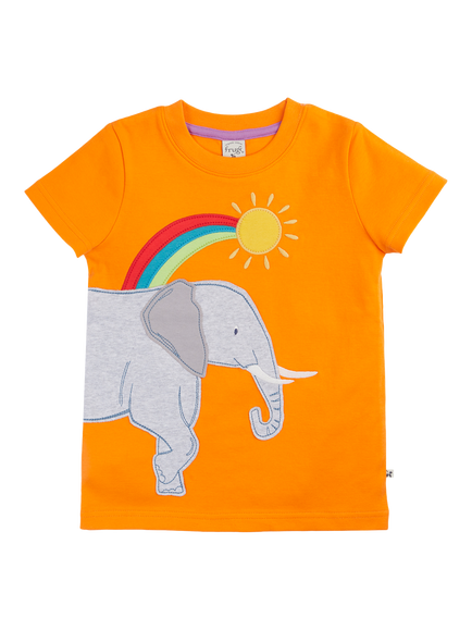 Frugi Kids' Carsen Elephant And Rainbow T-Shirt, Spark Orange, Spark Orange