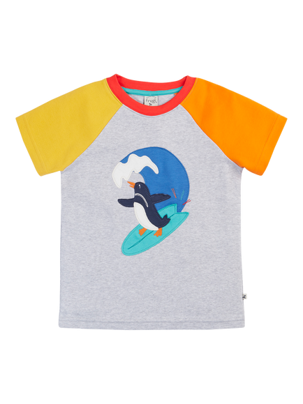 Frugi Kids' Renny Cotton Penguin T-Shirt, Grey Marl/Surf, Grey Marl/Surf