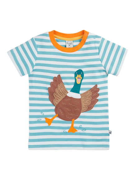Frugi Kids' Sid Short Sleeve T-Shirt, Lichen Stripe/Duck, Lichen Stripe/Duck