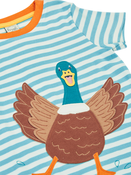 Frugi Kids' Sid Short Sleeve T-Shirt, Lichen Stripe/Duck - view 2, Lichen Stripe/Duck