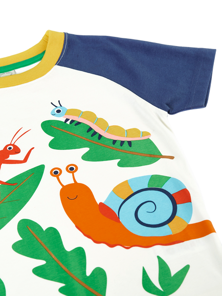 Frugi Kids' Tamar Raglan T-Shirt, Soft White/Bugs - view 2, Soft White/Bugs