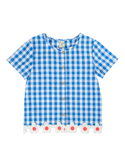Frugi Kids' Sarah Short Sleeve Shirt, Cobalt Gingham/Daisy, Cobalt Gingham/Daisy