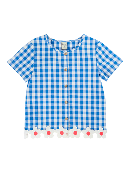 Frugi Kids' Sarah Short Sleeve Shirt, Cobalt Gingham/Daisy, Cobalt Gingham/Daisy