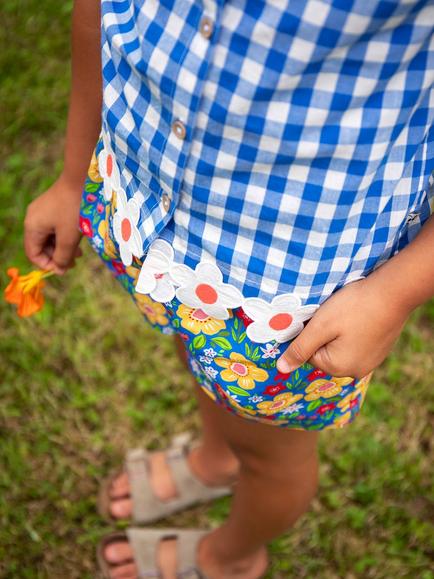 Frugi Kids' Sarah Short Sleeve Shirt, Cobalt Gingham/Daisy - view 2, Cobalt Gingham/Daisy